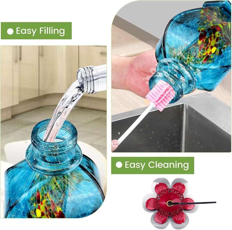 BOLITE Hummingbird Feeder, Hand Blown Glass Hummingbird Feeders for Outdoors Hanging, with Ant Moat and 5 Feeding Ports, 22 Ounces, Blue, Birthday Gifts for Women Men, Gifts for Mom Dad - Image 4